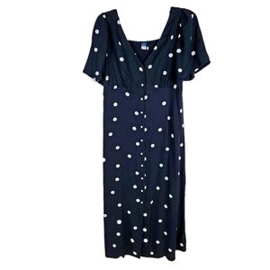New Old Navy Polka Dot Midi Dress Full Button Short Flutter Sleeve Blue White M